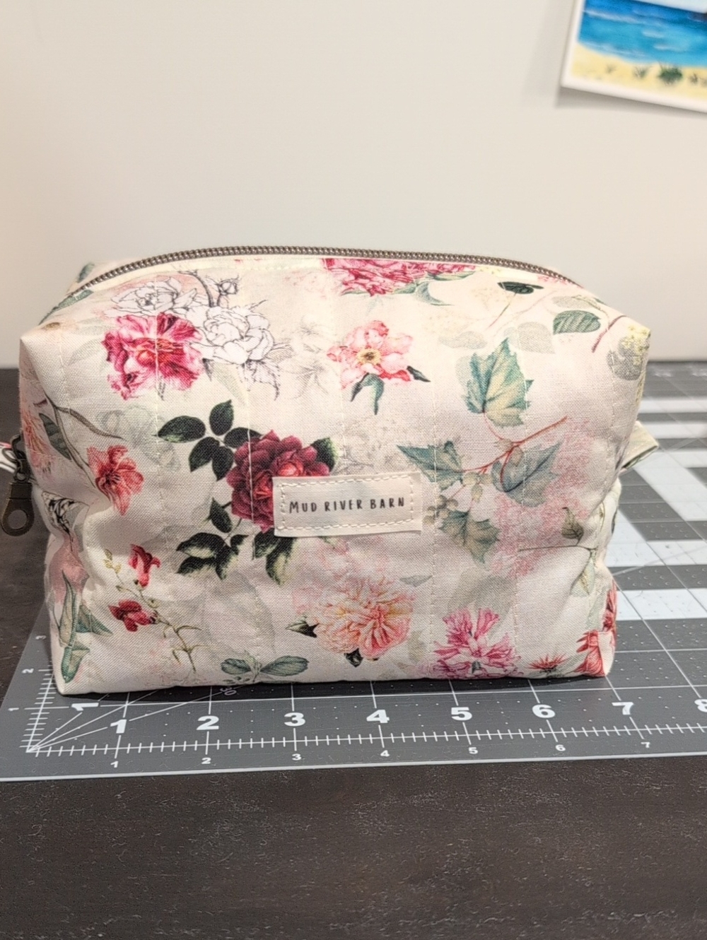 Floral Cosmetic Pouch - Pink & Cream Boxy Bag